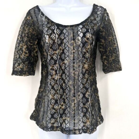 NWT H.I.P Happening in the Present Women's Sheer Lace Top Black Gold Medium - Picture 1 of 12